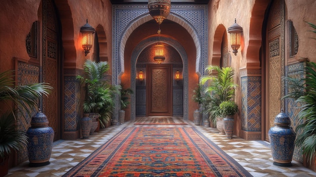 Ornate corridor with plants rugs and decorative architecture