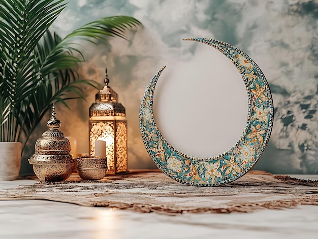 Ornate Crescent Moon with Golden Lanterns and Palm Leaves 3D Illustration