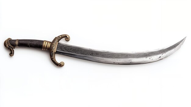 Photo an ornate curved dagger with an intricate design on the blade and a dark wooden handle with gold accents isolated on a white background