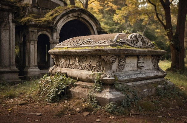 Photo ornate decaying tomb in a forgotten ceme