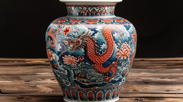 Photo ornate dragon vase on wooden table