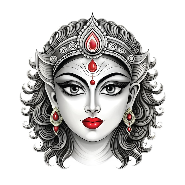 Photo ornate durga maa portrait divine feminine power in monochrome with red accents