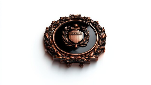 Photo an ornate emblem featuring laurel leaves and a shield symbolizing achievement and excellence set against a dark background