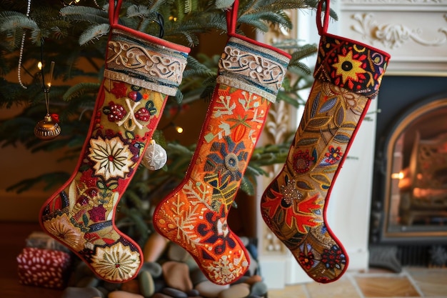 Photo ornate embroidered christmas stockings by fireplace