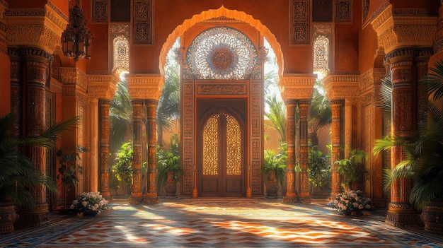 Ornate entrance with intricate designs and lush greenery