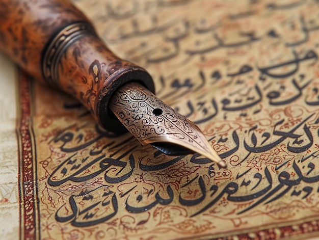 Photo ornate fountain pen resting on handwritten arabic script