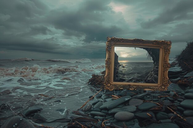 Ornate Frame Capturing the Oceans Wave on a Rocky Shore