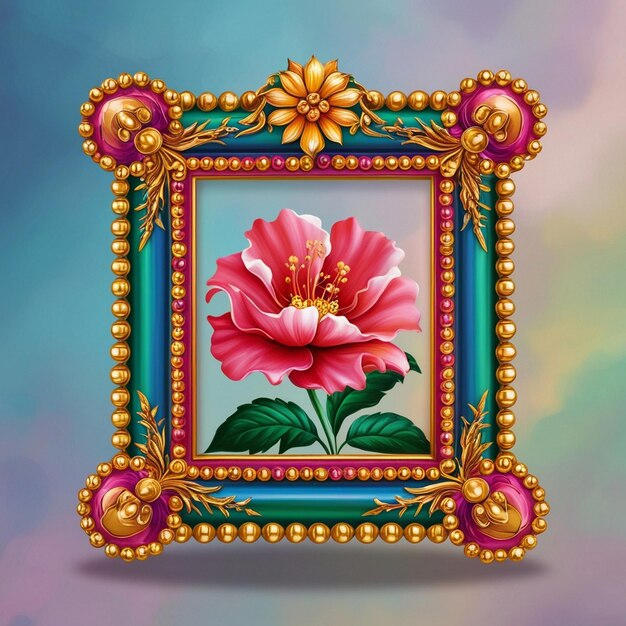 Ornate Gold Beaded Frame with Vibrant Floral Design Photorealistic Landscape