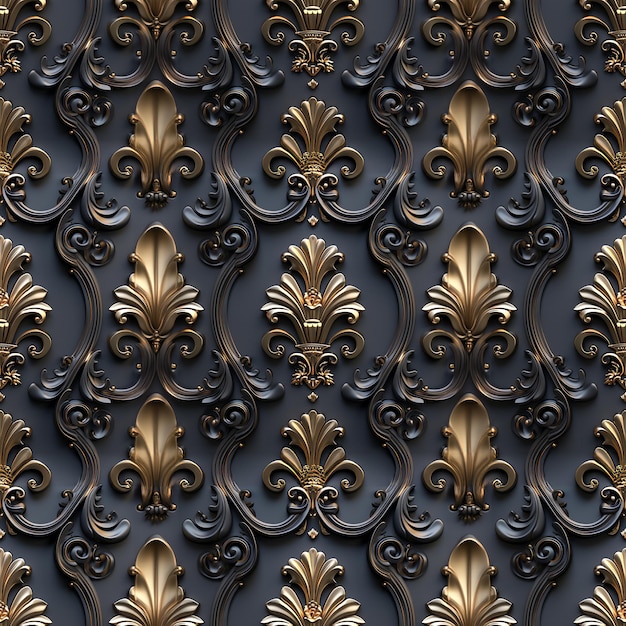 Photo ornate gold and black damask pattern wallpaper