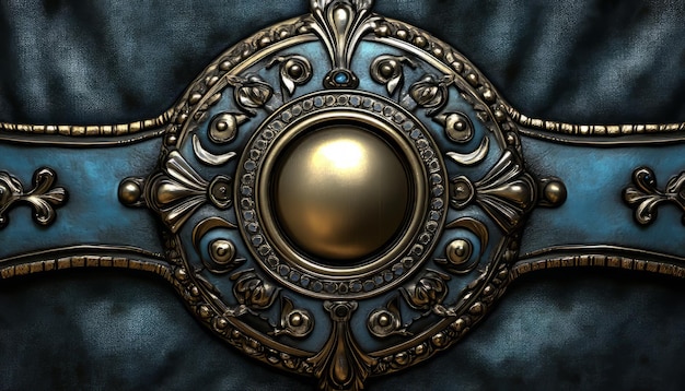 Ornate Gold and Blue Metal Emblem with a Circular Centerpiece