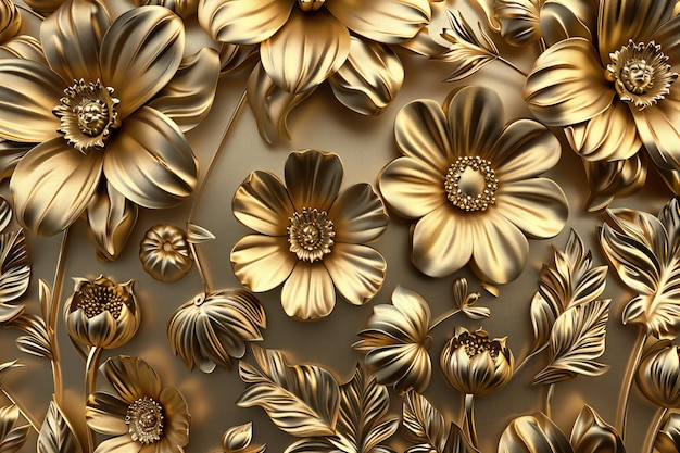 Ornate Gold Flowers Texture Pattern Color Metallic Carved Floral Ornament 3d Imitation Copy Space