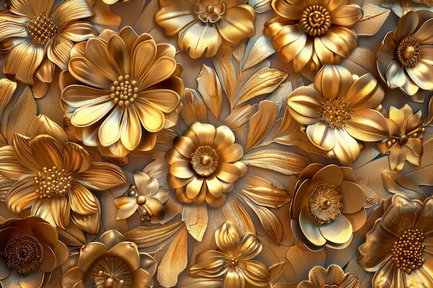 Ornate Gold Flowers Texture Pattern Color Metallic Carved Floral Ornament 3d Imitation Copy Space