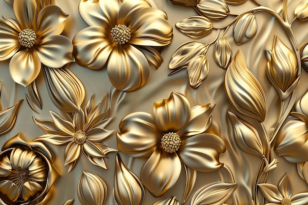 Ornate Gold Flowers Texture Pattern Color Metallic Carved Floral Ornament 3d Imitation Copy Space