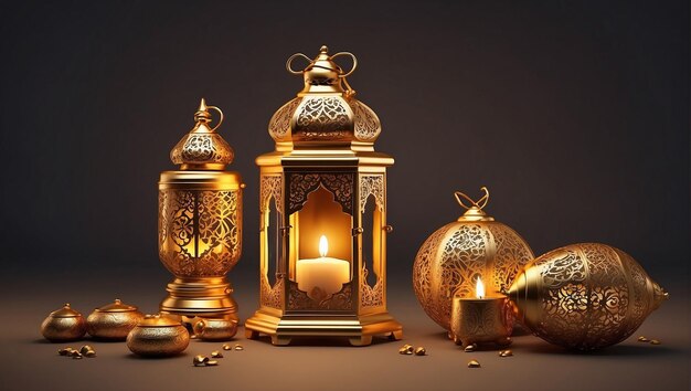 Ornate gold lanterns and candle holders with intricate cutout designs