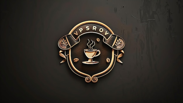 An ornate gold logo with a coffee cup and the letters VPSROV set against a dark woodgrain background