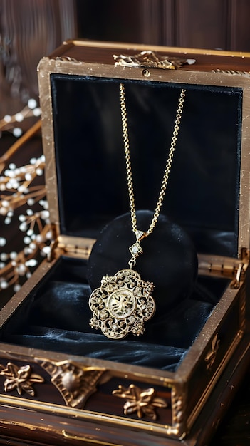 Ornate Gold Necklace with Circular Pendant in Vintage Jewelry Box