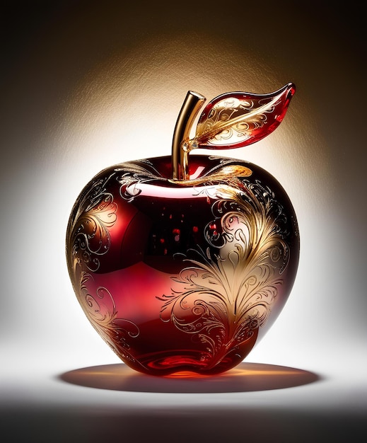 Photo ornate gold and red glass apple adorned with detailed etchings and swirling patterns