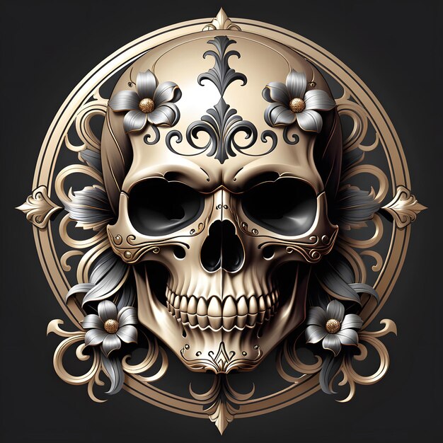 Ornate Gold Skull with Flowers and Flourishes Day of the Dead Halloween Gothic Dark Art