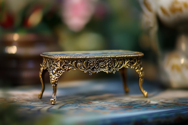 Photo ornate gold tabletop stand with floral design