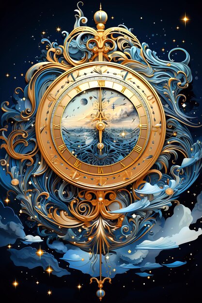 Photo an ornate golden clock with intricate swirling patterns and celestial motifs set against a night sky filled with stars evoking a sense of timelessness and the cosmos