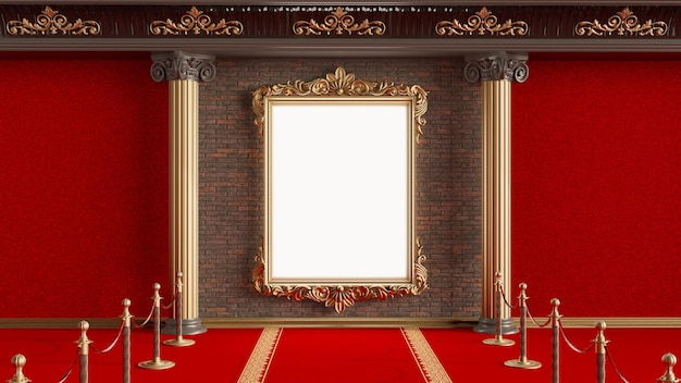 Ornate golden frame at the bricks wall empty gold picture frame between roman columns 3D render