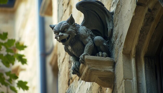 An ornate gothic gargoyle with winged details on the facade of a stunning ancient architecture