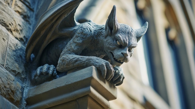 An ornate gothic gargoyle with winged details on the facade of a stunning ancient architecture