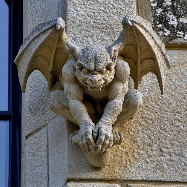 An ornate gothic gargoyle with winged details on the facade of a stunning ancient architecture