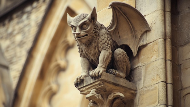 An ornate gothic gargoyle with winged details on the facade of a stunning ancient architecture