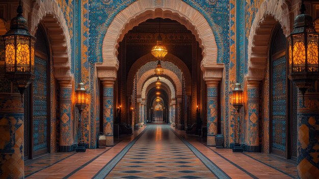 Ornate hallway with arches and lanterns in a decorative setting