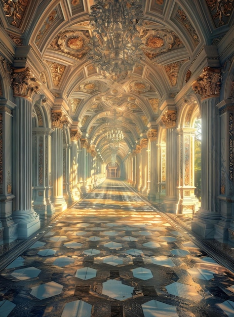 Ornate hallway with marble floor and golden columns