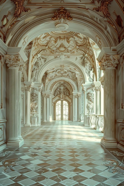 Ornate hallway with marble floor and statues