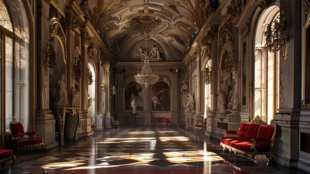 Ornate Hallway With Red Benches in Baroquestyle Palace