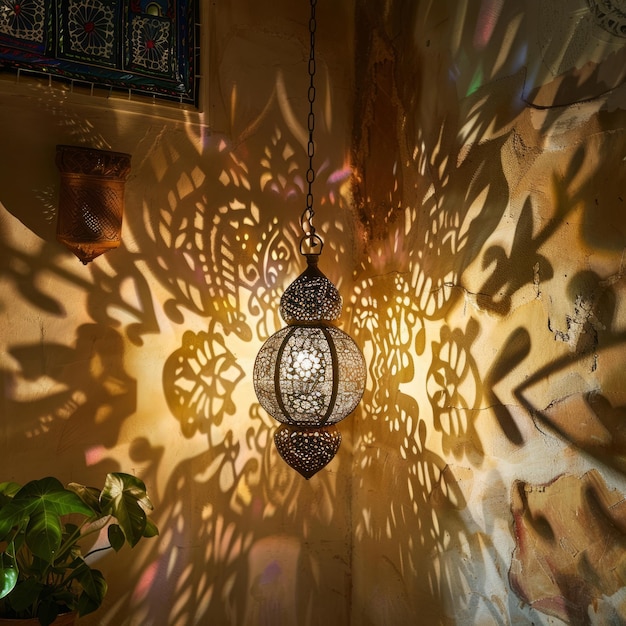 Photo ornate hanging lamp casts intricate shadows on a textured wall