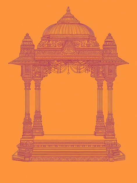 Ornate Indian Architectural Structure with Columns and Dome This intricate illustration depic