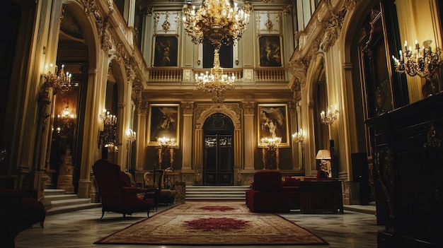 Ornate Interior of a Grand Mansion with Gilded Details and Red Upholstery