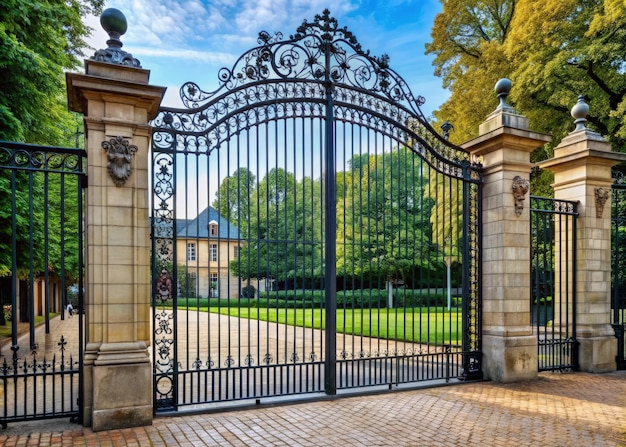 Photo ornate iron gate leading to a secluded estate on a sunny day generative ai