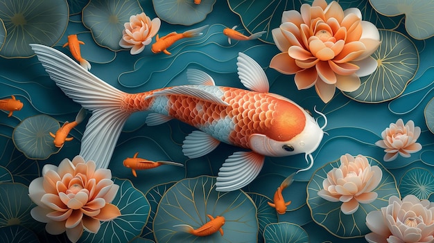 Ornate Koi Fish in a Floral Patterned Pond Generative AI