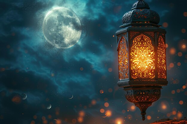 Ornate lantern glows against moonlit night sky