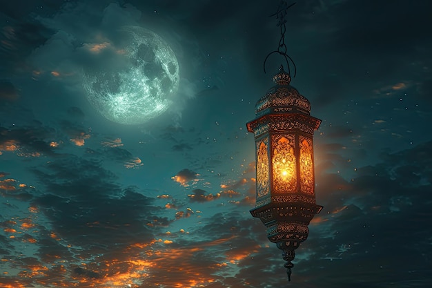 Ornate lantern glows against moonlit sky