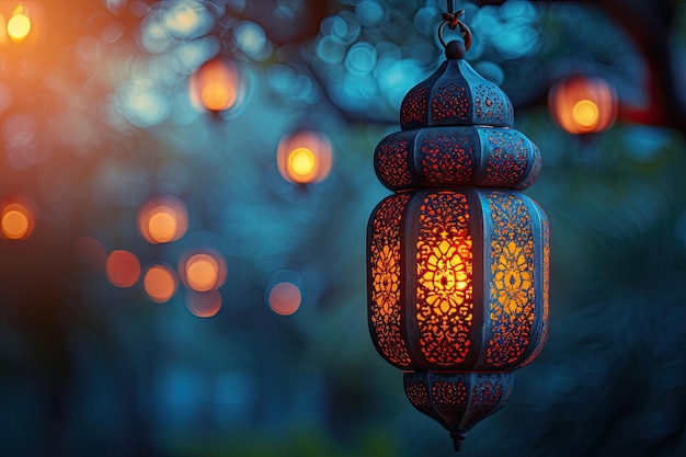 Ornate lantern glows softly in a tranquil garden at dusk