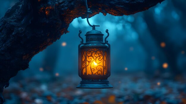 Ornate Lantern Hanging in a Dark Forest Illustration