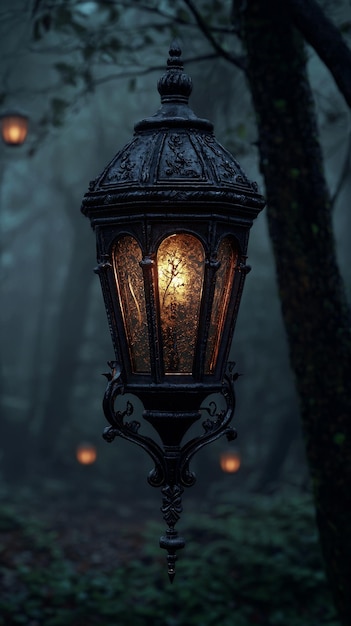 Ornate Lantern Hanging in a Dark Forest