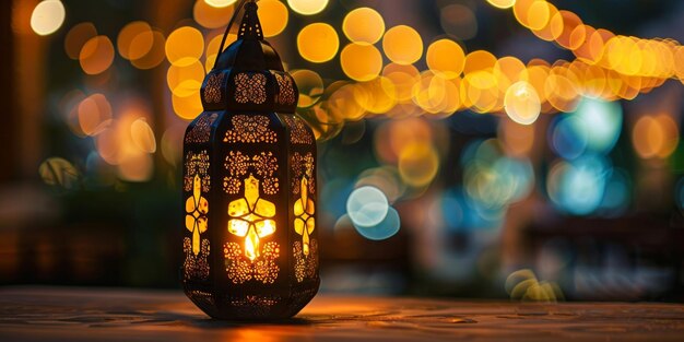 Photo ornate lantern with warm glow and bokeh background