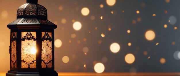 Photo ornate lantern with warm light and bokeh background