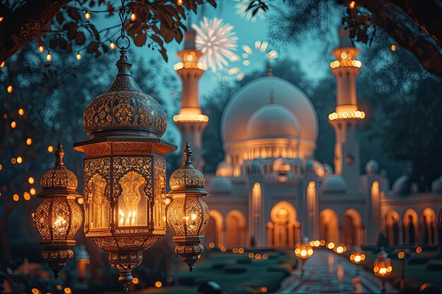 Ornate lanterns hang in a peaceful garden outside a mosque