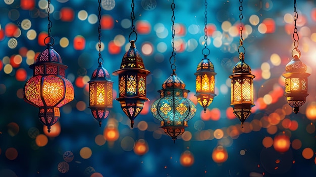 Ornate Lanterns Hanging Against a Blurred Background of Lights