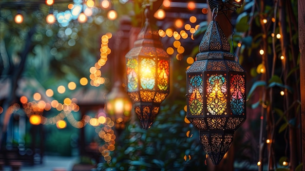 Ornate Lanterns Hanging Among String Lights in a Garden Setting