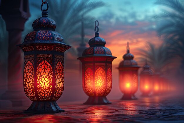 Ornate lanterns illuminate a Middle Eastern street at dusk