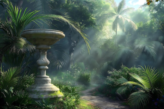 Ornate Marble Birdbath in Sunlit Jungle Path Surrounded by Dense Foliage